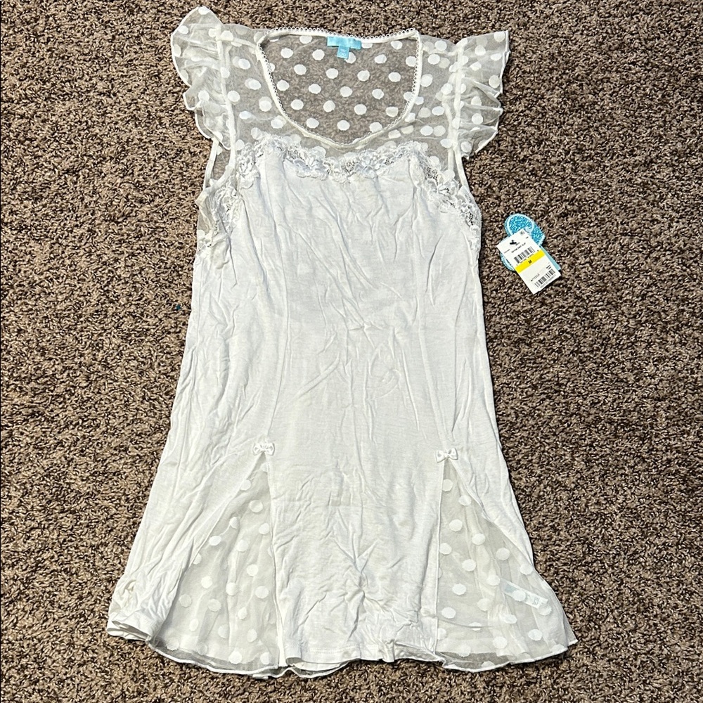 Betsy Johnson Sheer Polka Dot Lace Trim White Slip night shirt